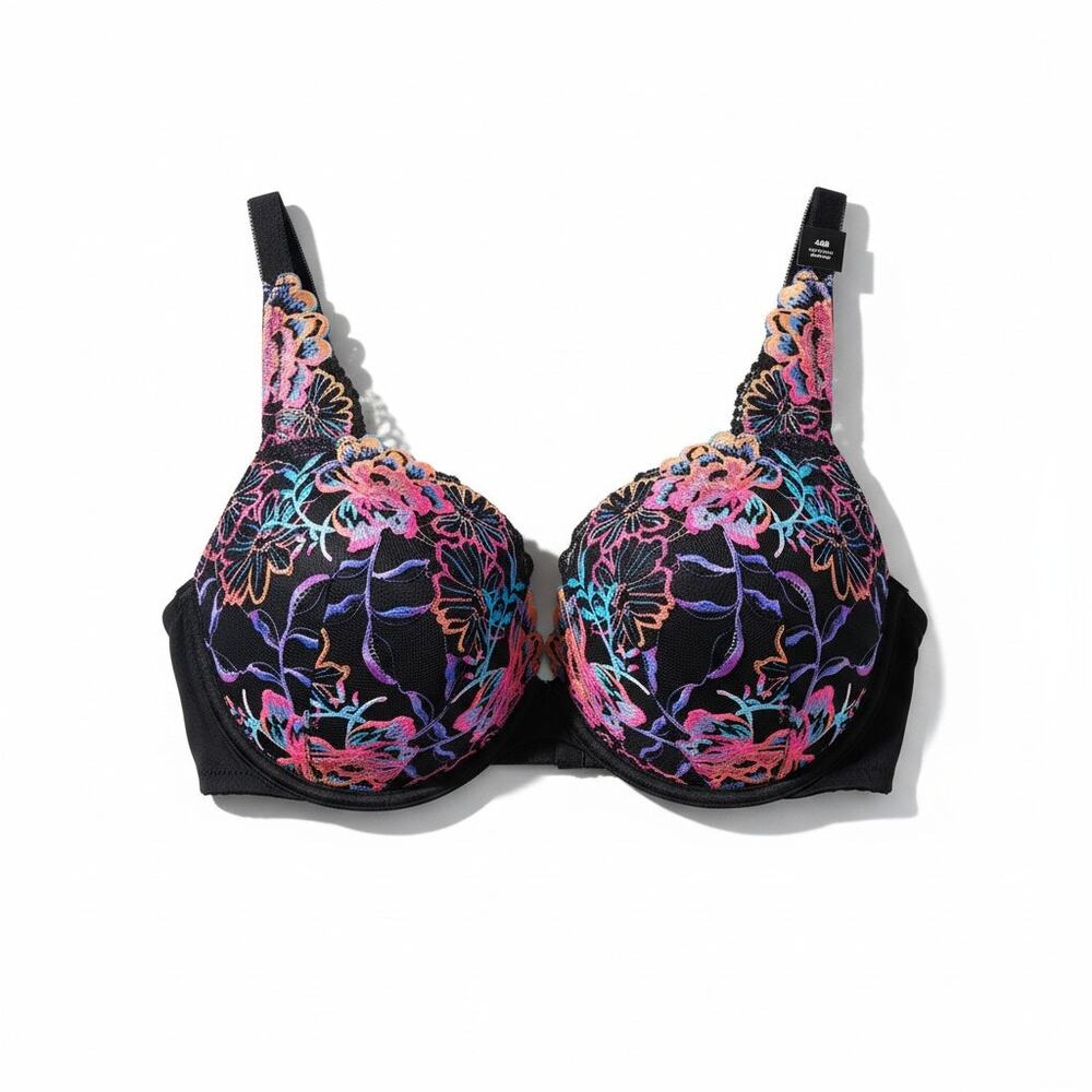 NEW Torrid 48B XO Plunge Push-Up Bra Black Rainbow Lace Lingerie Underwire